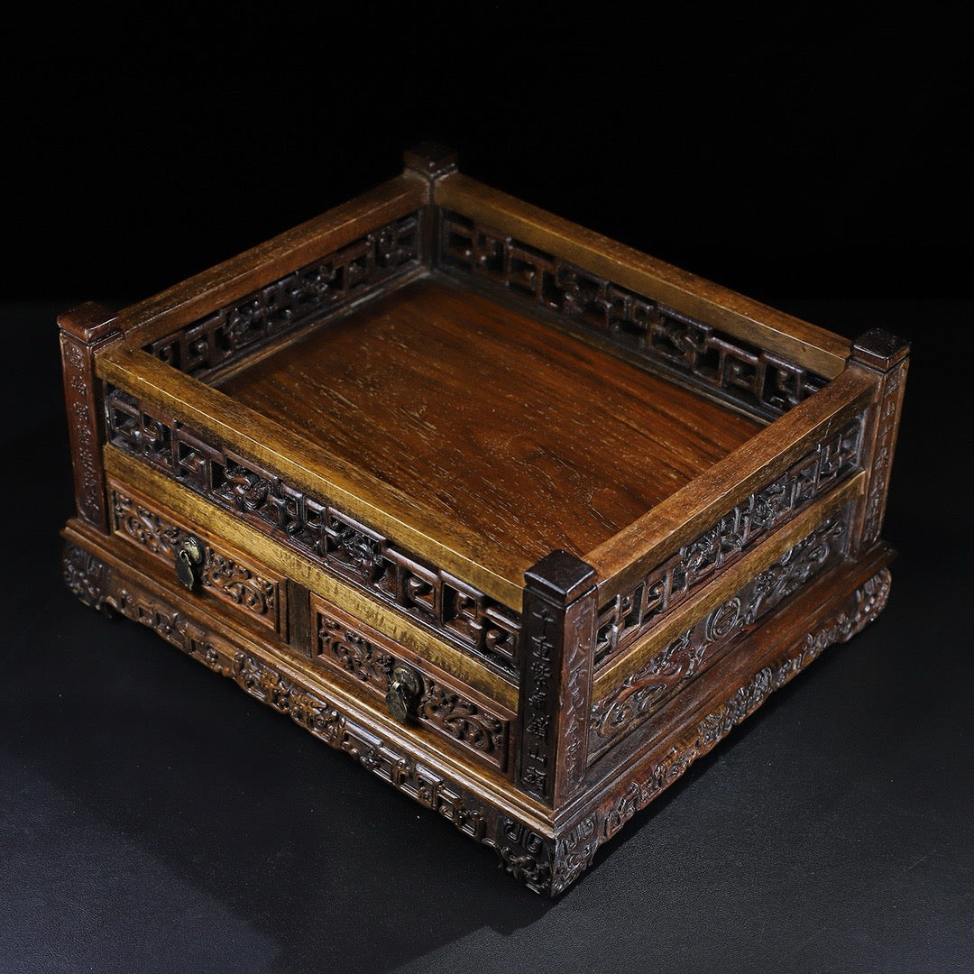 Hua Li Mu carved character Chi Long tea tray with drawers