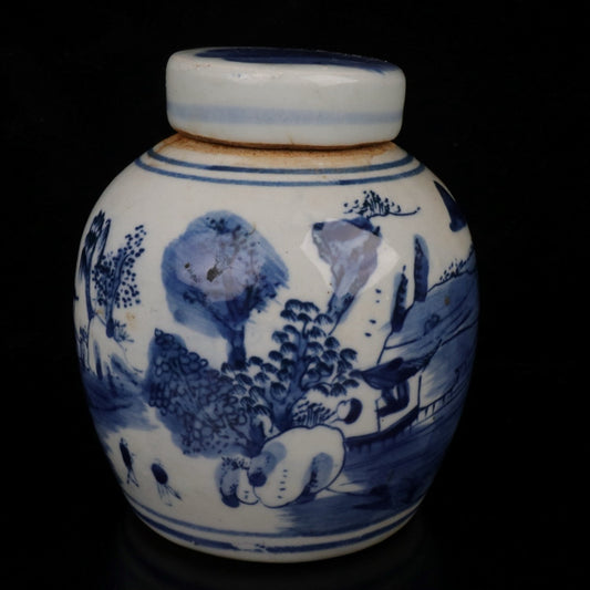 Blue and white landscape patterned covered jar