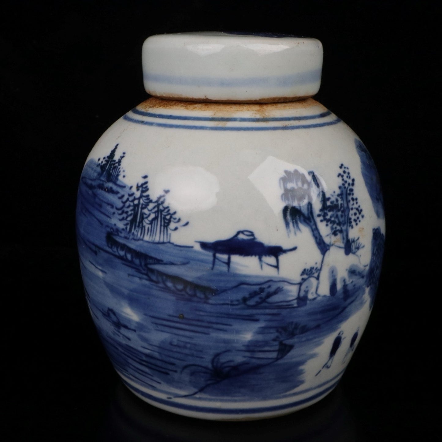 Blue and white landscape patterned covered jar