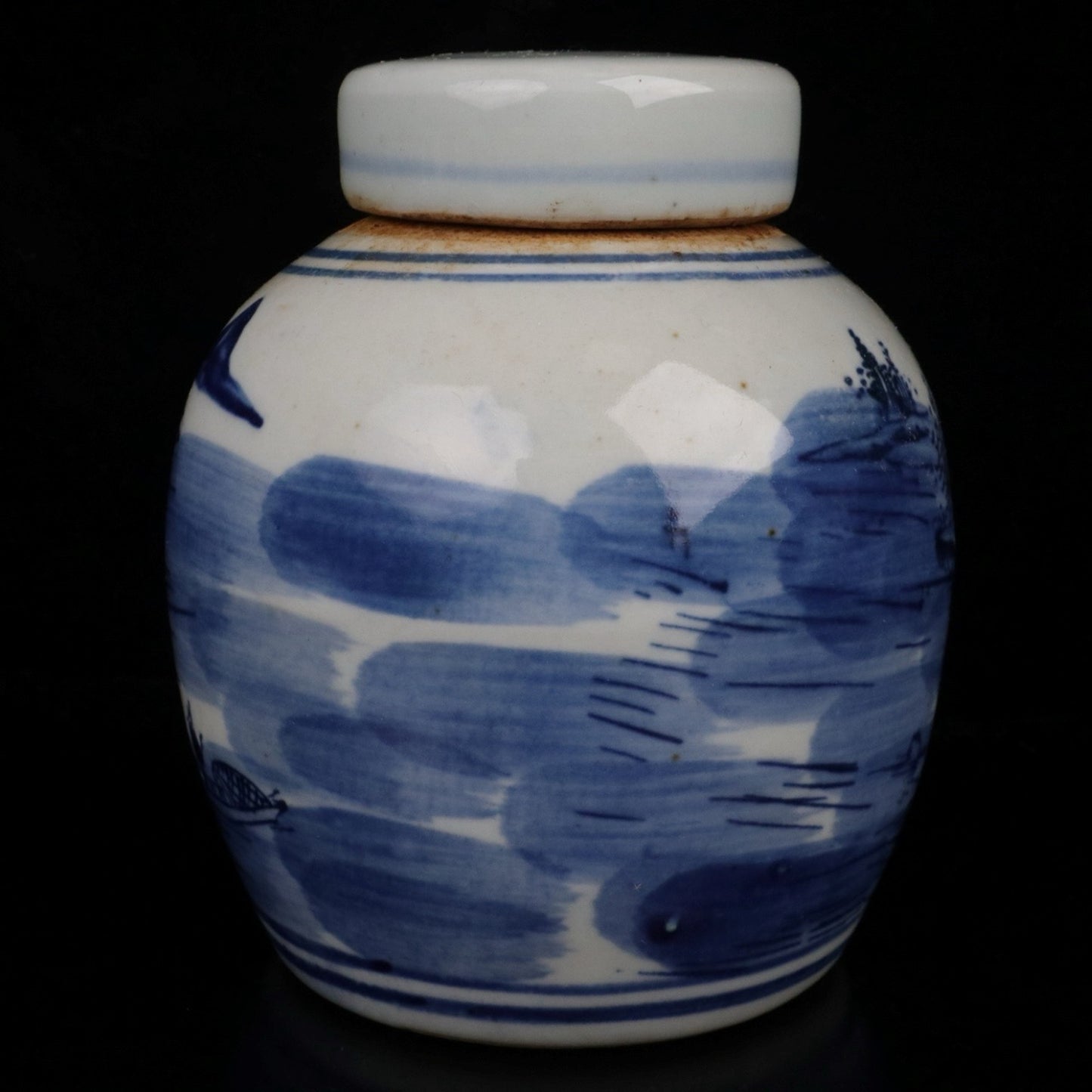 Blue and white landscape patterned covered jar