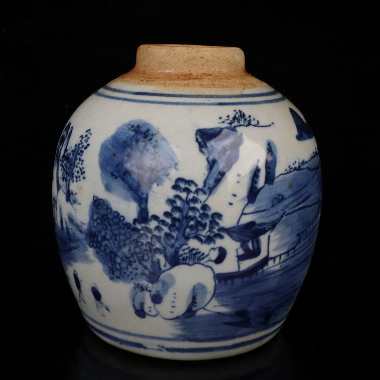 Blue and white landscape patterned covered jar