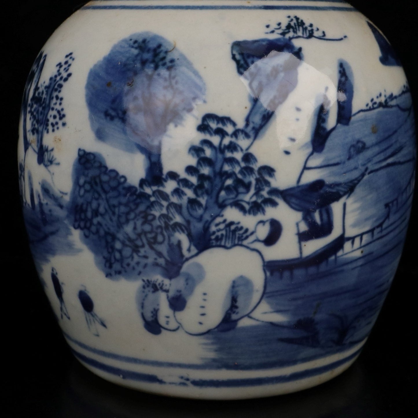 Blue and white landscape patterned covered jar