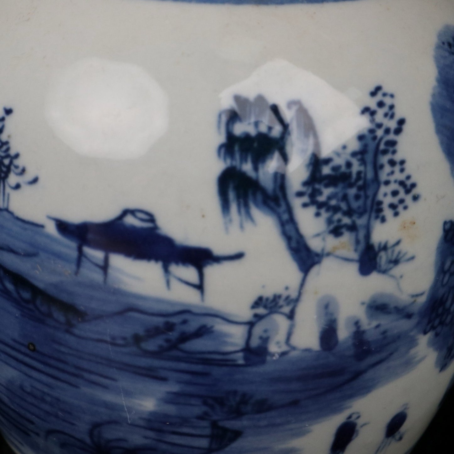 Blue and white landscape patterned covered jar