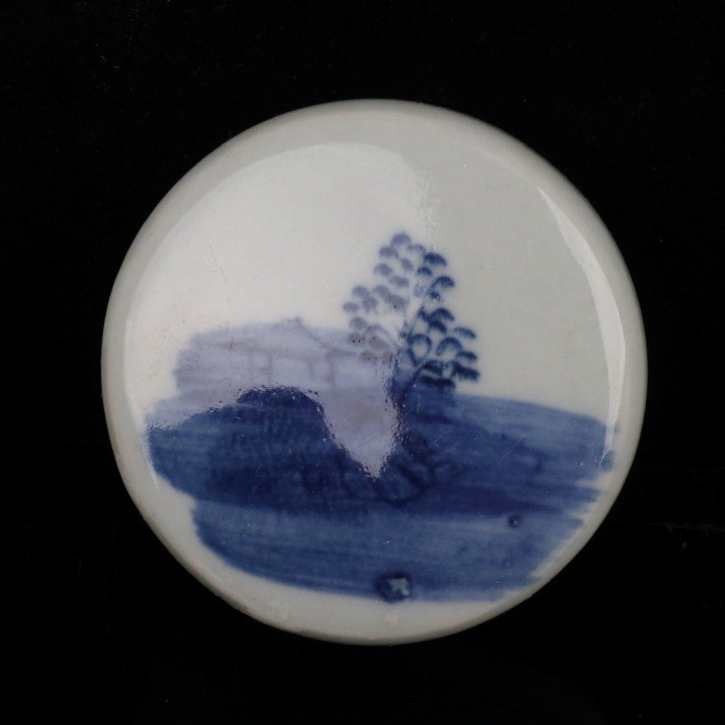 Blue and white landscape patterned covered jar
