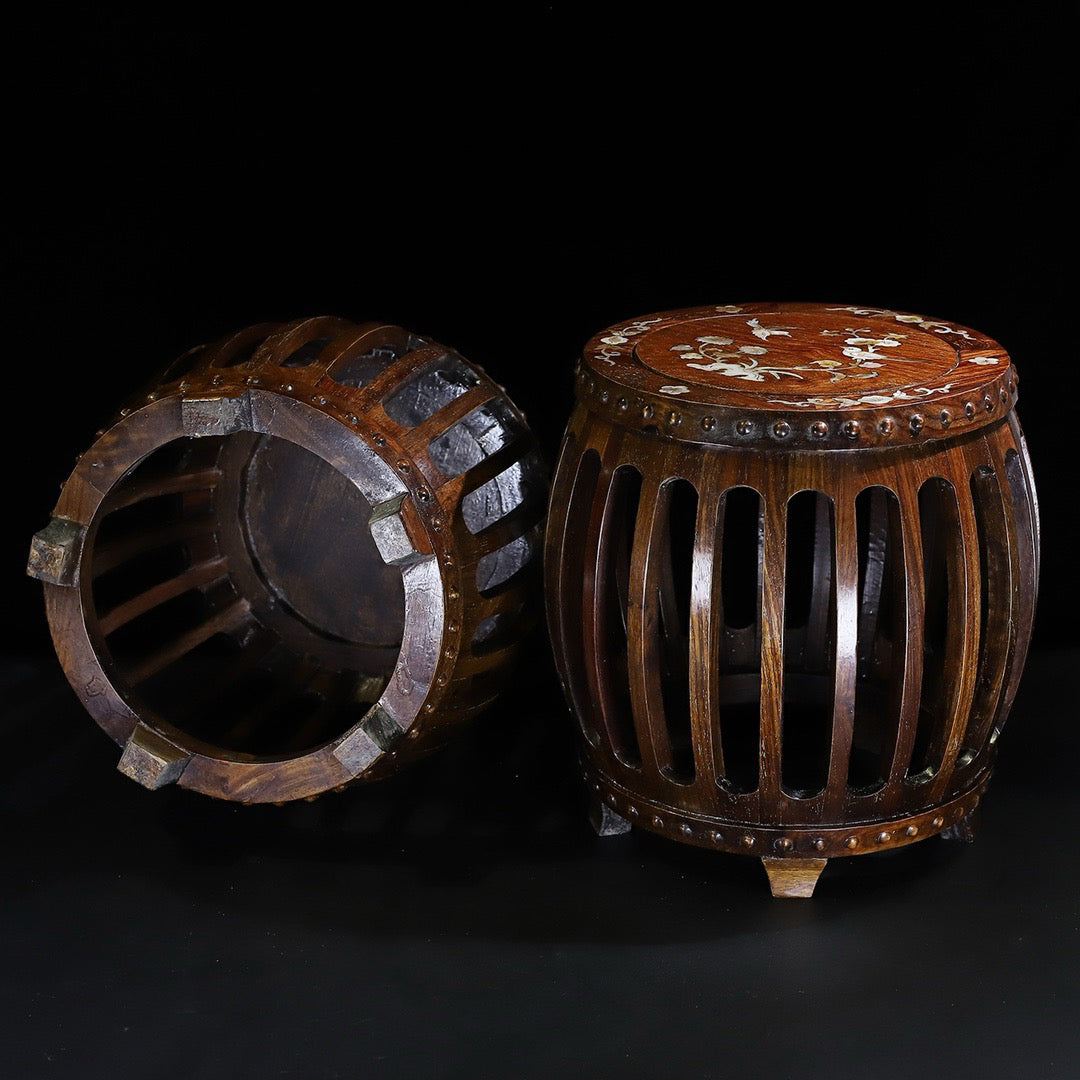 A pair of rosewood inlaid shell drum stools, round stools, and guzheng stools