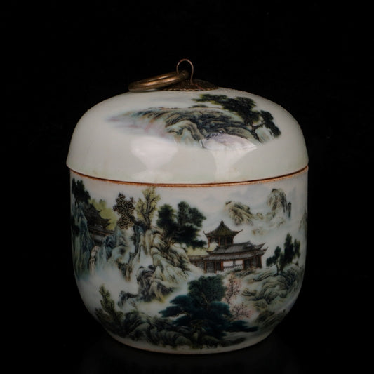 Pink landscape patterned small ginseng jar