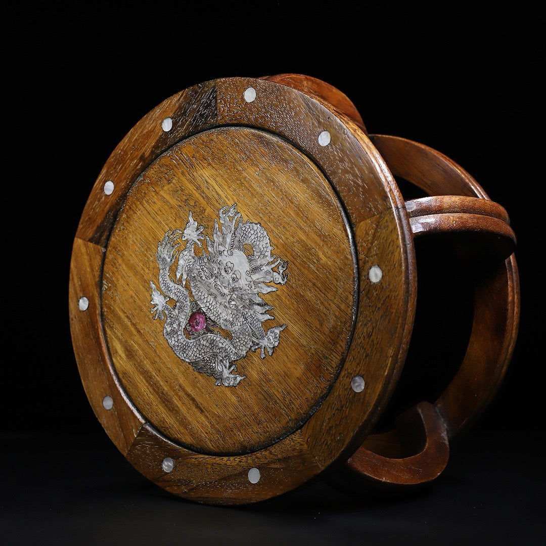 Pear wood inlaid shell small round seat