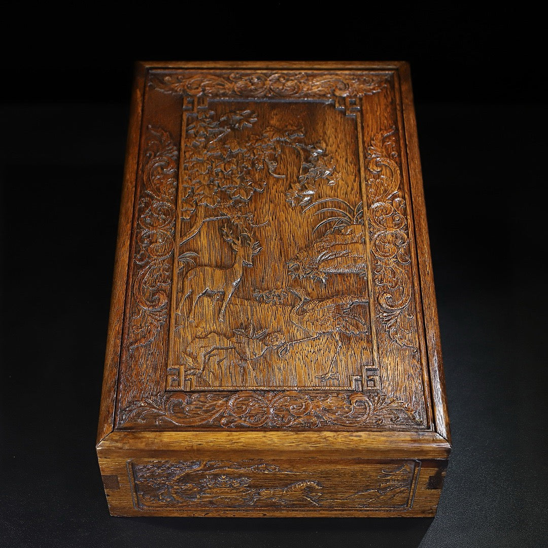 Hua Li Mu Carved Deer and Crane in Spring Drawing Box