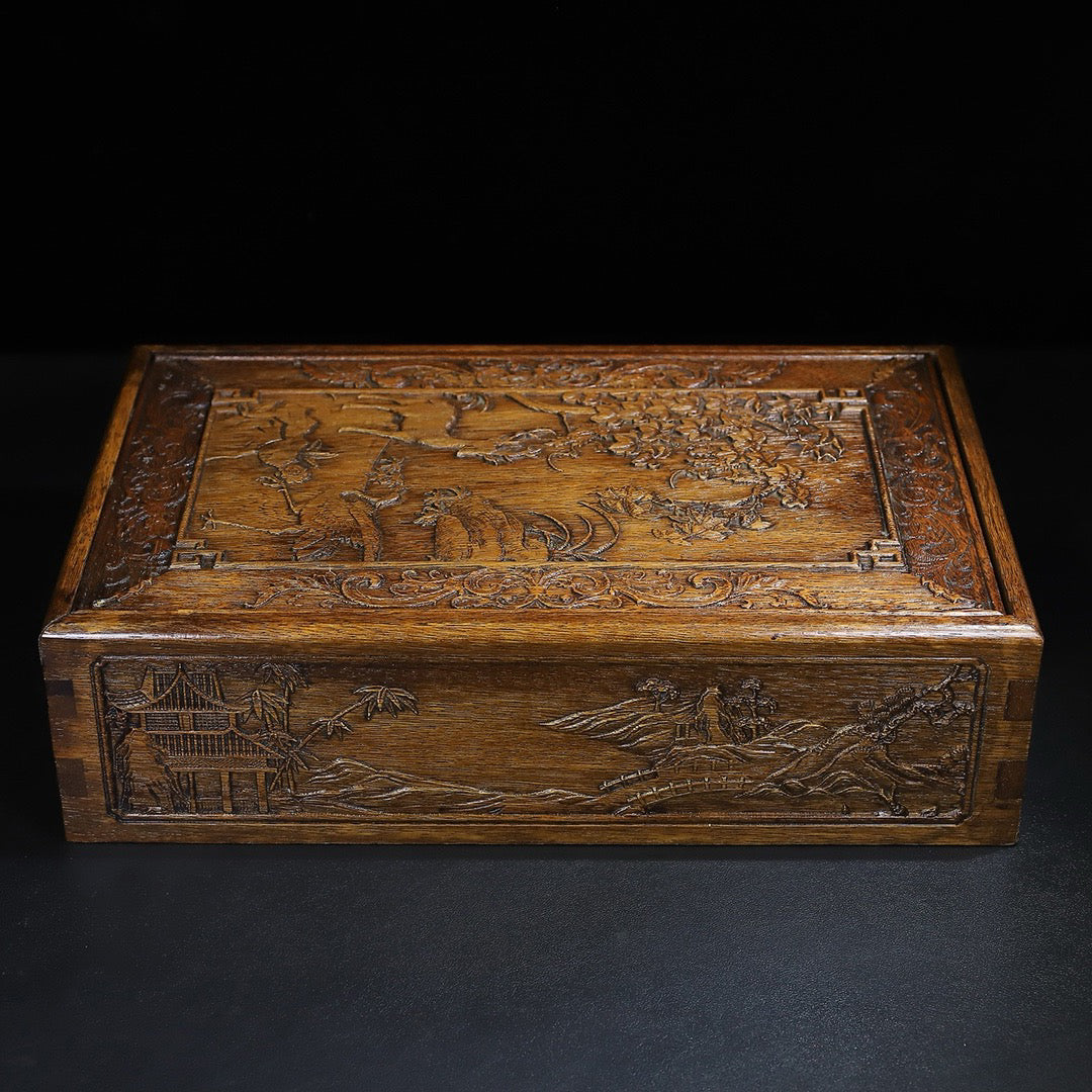 Hua Li Mu Carved Deer and Crane in Spring Drawing Box