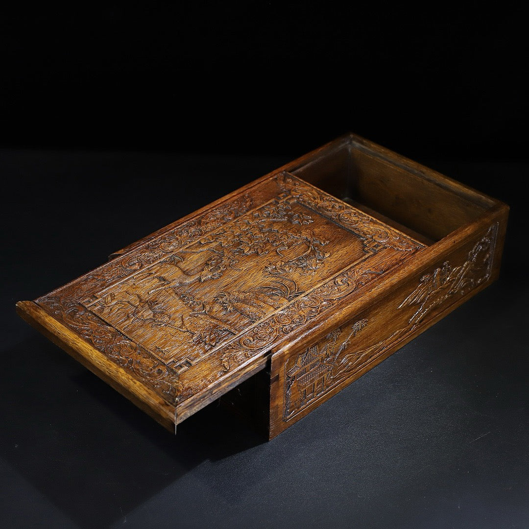 Hua Li Mu Carved Deer and Crane in Spring Drawing Box