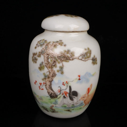 Pink Jade Rabbit with Auspicious Pattern Small Tea Jar