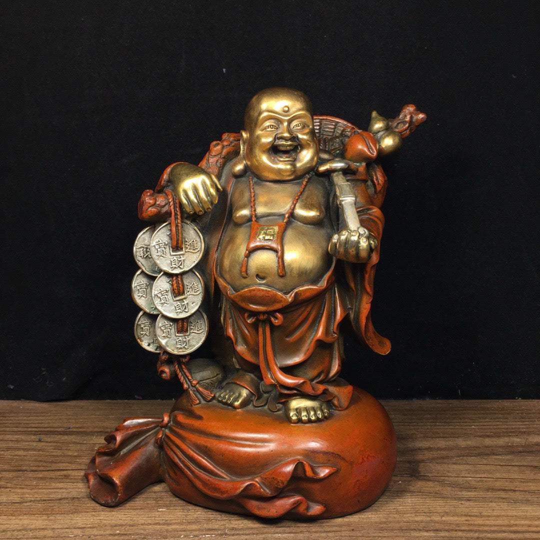Chinese Antique Pure Copper Seeks Wealth and Treasures, Ruyi Maitreya Buddha Statue