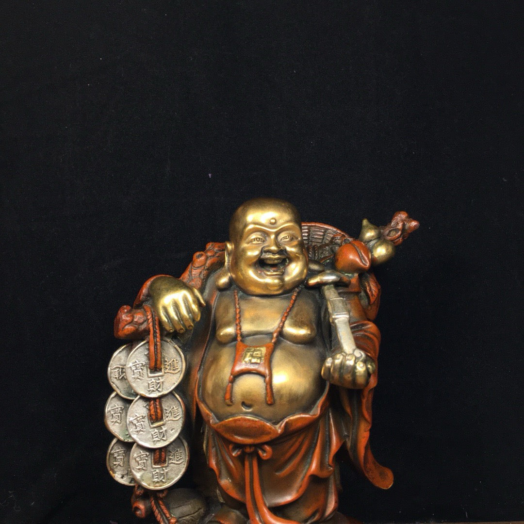 Chinese Antique Pure Copper Seeks Wealth and Treasures, Ruyi Maitreya Buddha Statue