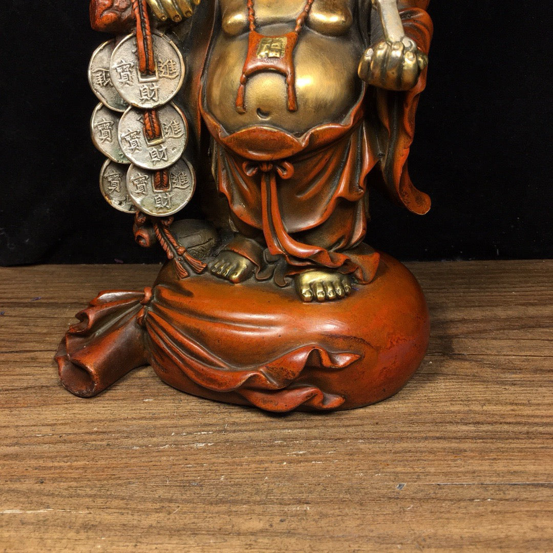 Chinese Antique Pure Copper Seeks Wealth and Treasures, Ruyi Maitreya Buddha Statue