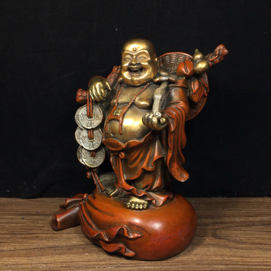 Chinese Antique Pure Copper Seeks Wealth and Treasures, Ruyi Maitreya Buddha Statue