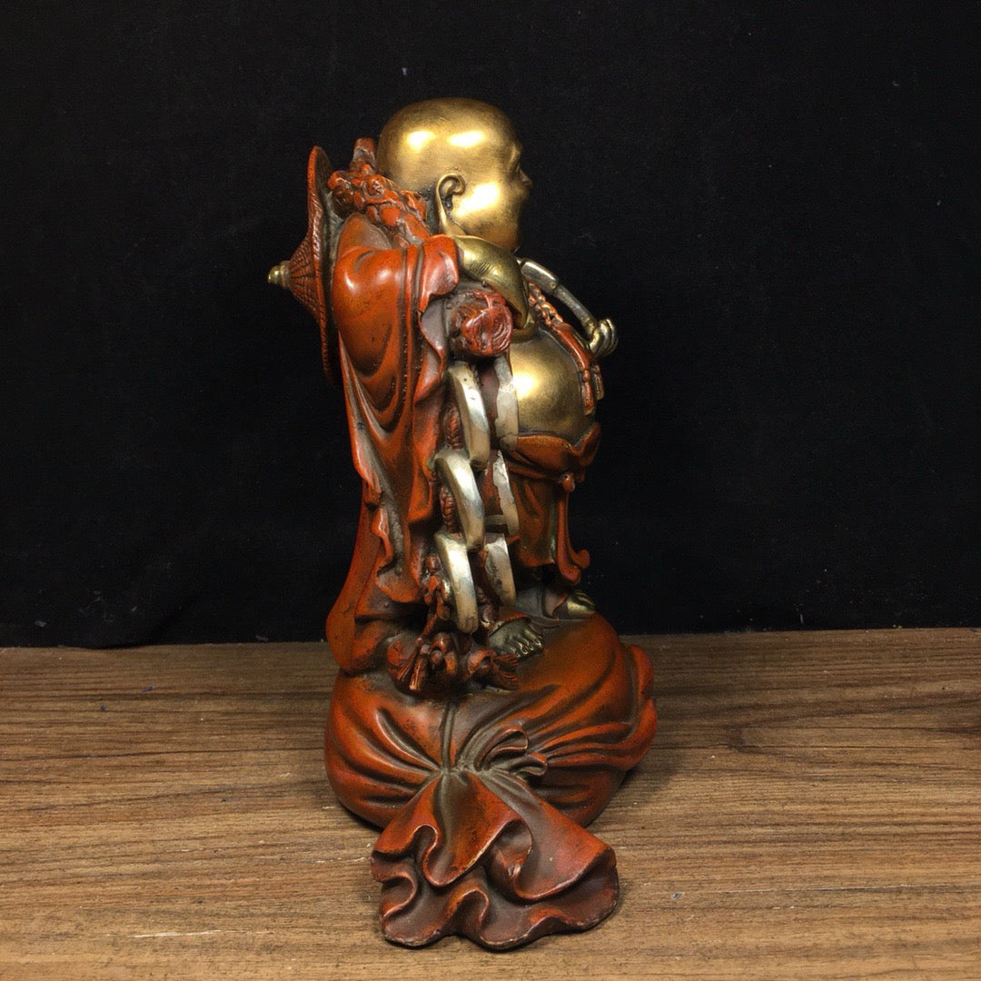 Chinese Antique Pure Copper Seeks Wealth and Treasures, Ruyi Maitreya Buddha Statue