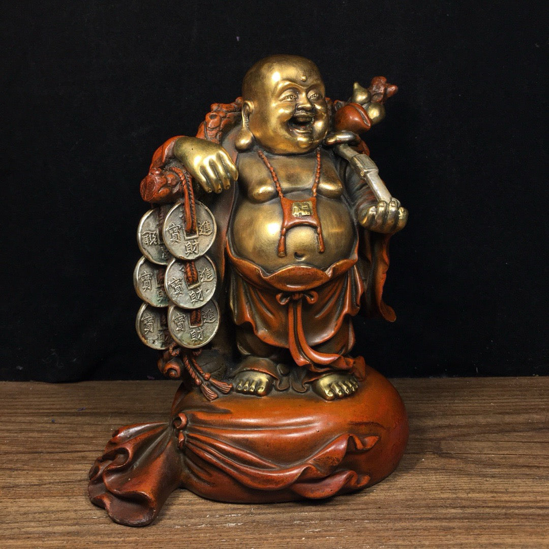 Chinese Antique Pure Copper Seeks Wealth and Treasures, Ruyi Maitreya Buddha Statue