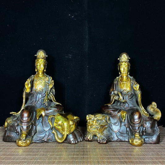 A pair of pure copper gilded large Manjushri Bodhisattva and Samantabhadra Bodhisattva