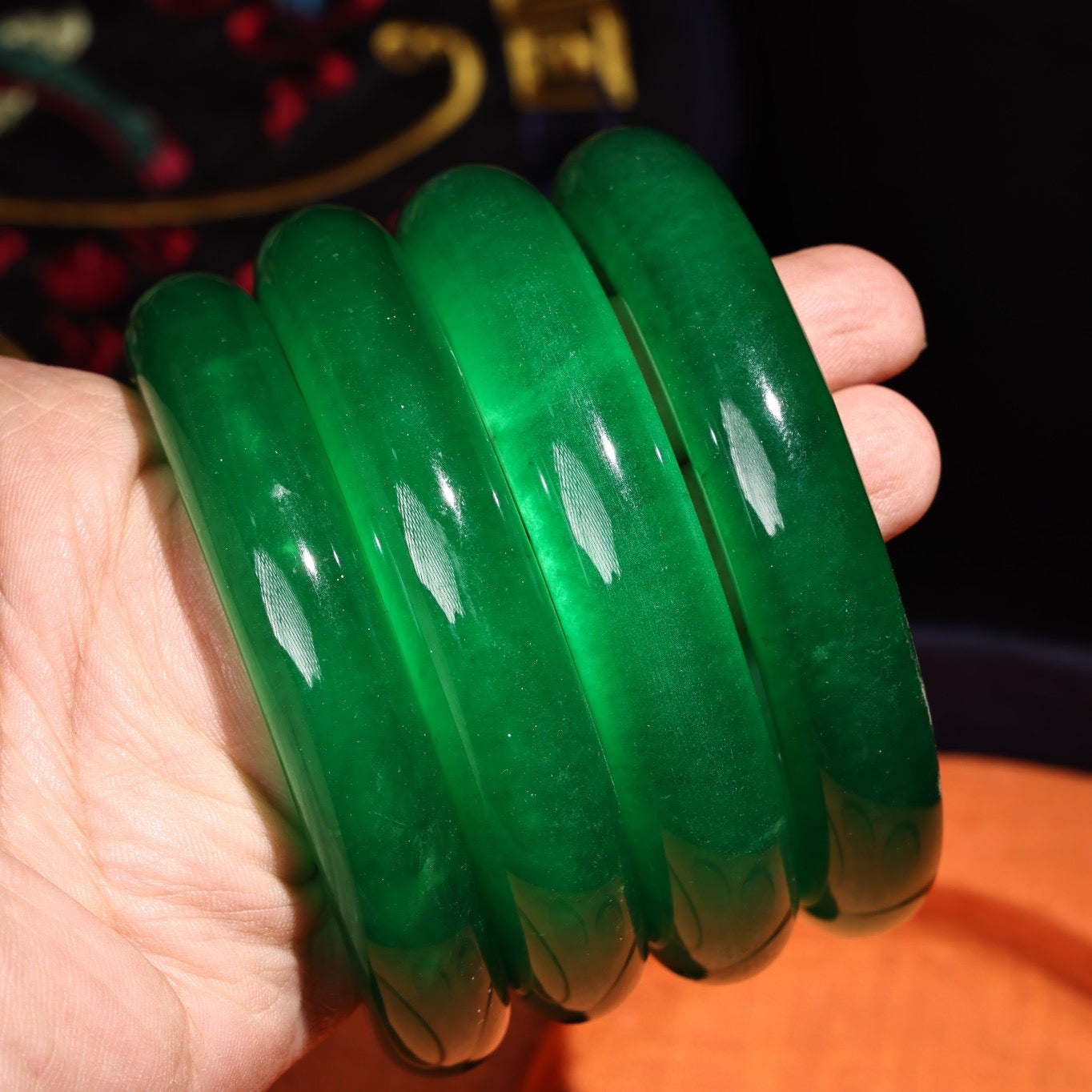 A box of Chinese antique green jadeite jade bracelets