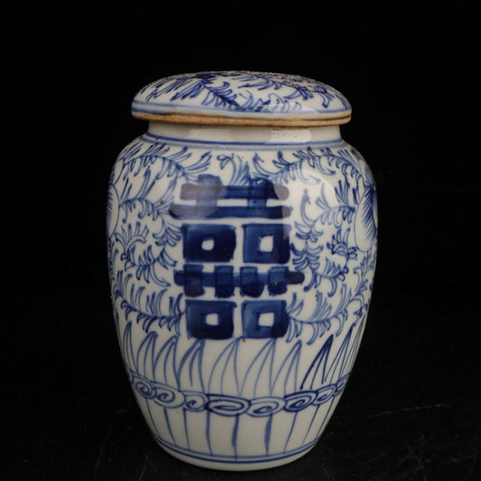 Blue and White Double Happiness Tea Jar