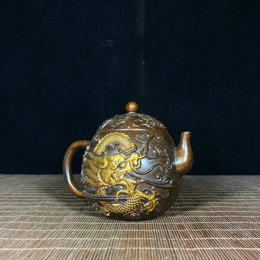 Pure copper gilded relief gold dragon auspicious cloud teapot
