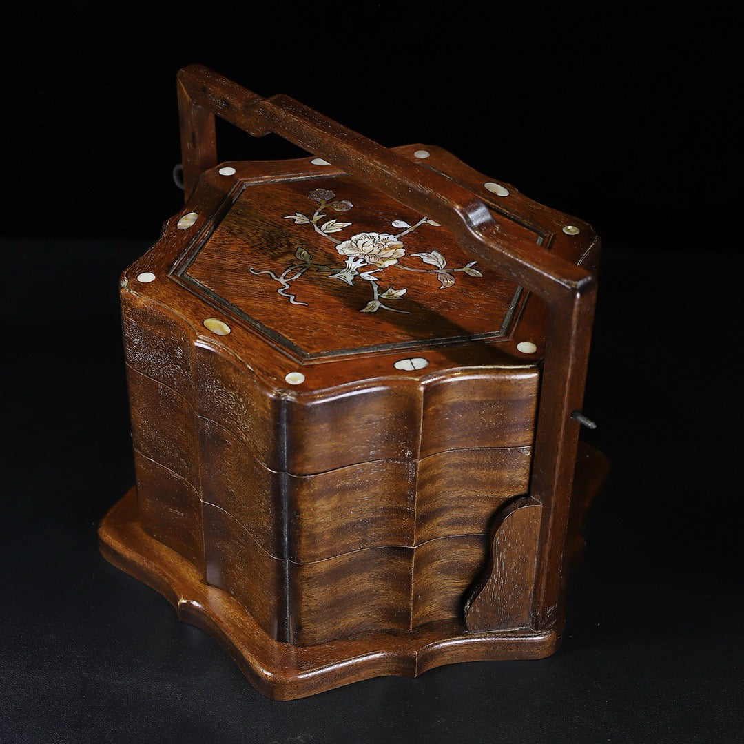 Pear wood inlaid shell portable multi-layer food box