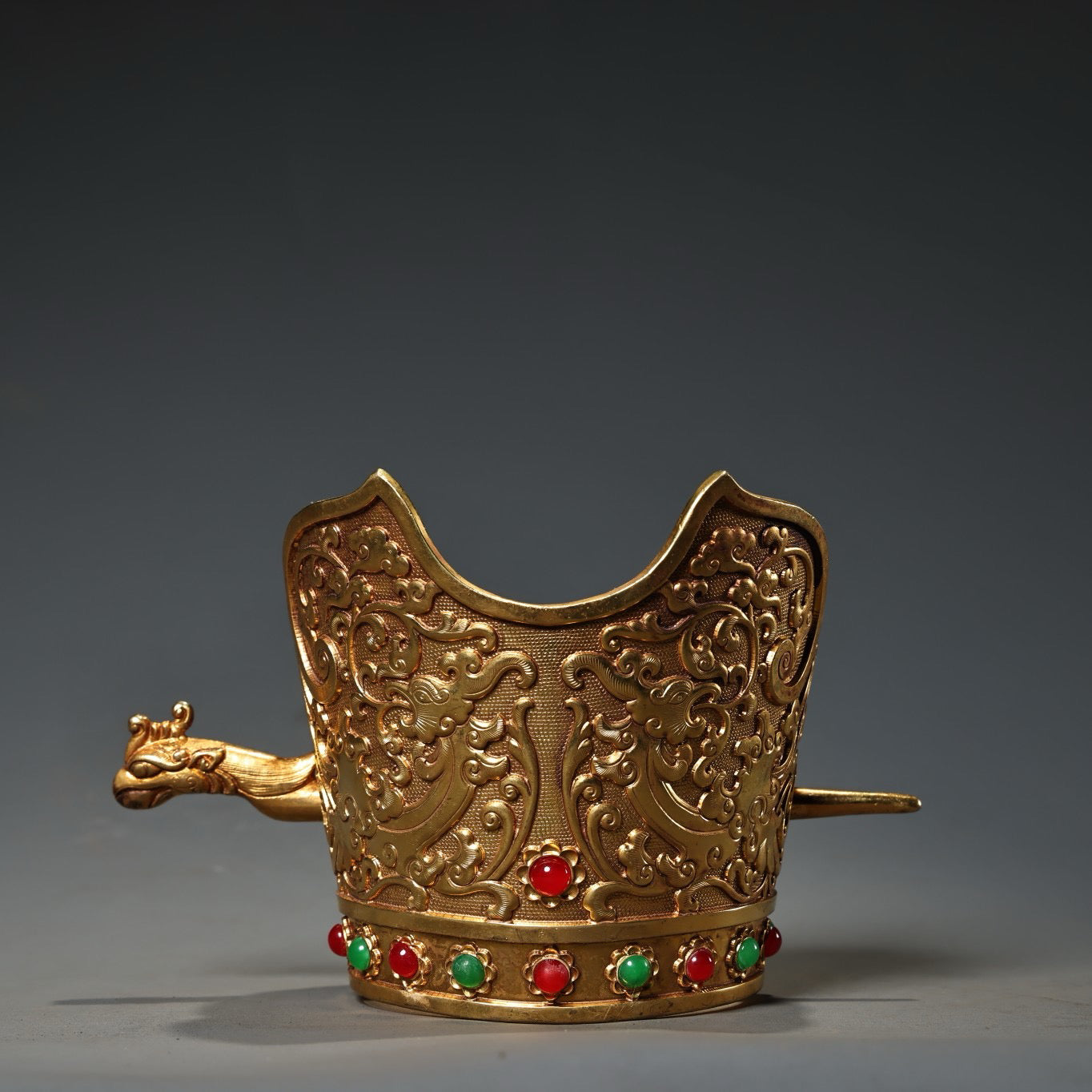 Chinese Antique Collection Pure Copper High Relief Carving with Gilded Gold Phoenix Crown