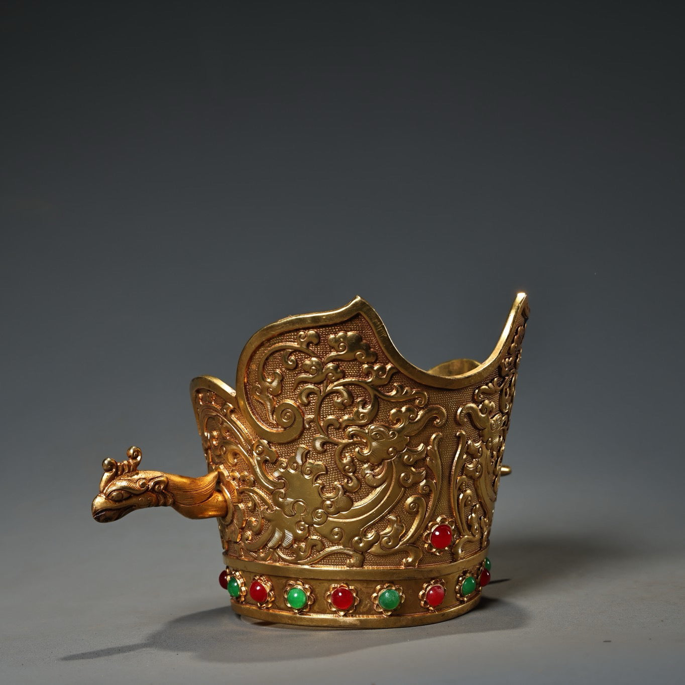 Chinese Antique Collection Pure Copper High Relief Carving with Gilded Gold Phoenix Crown