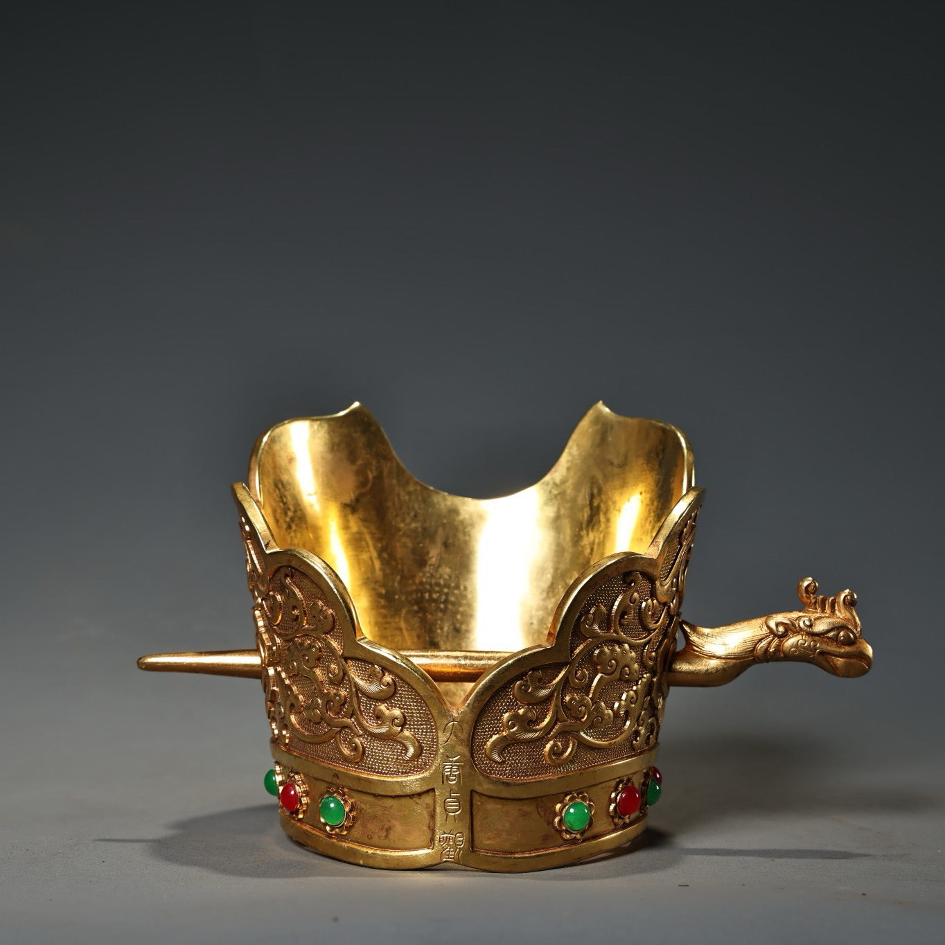 Chinese Antique Collection Pure Copper High Relief Carving with Gilded Gold Phoenix Crown
