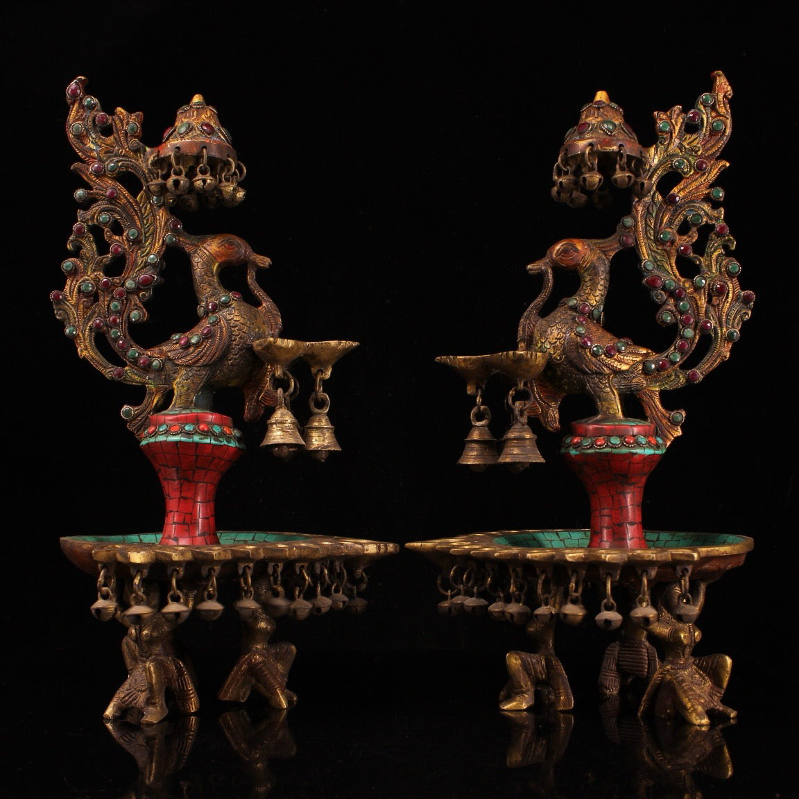 A pair of Chinese antique pure copper handcrafted inlaid gemstone painted phoenix oil lamp wax stands