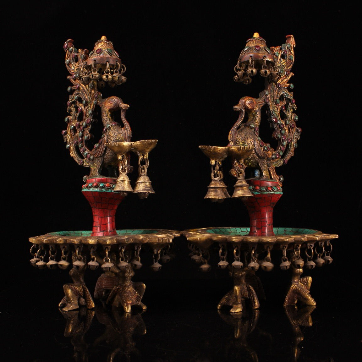 A pair of Chinese antique pure copper handcrafted inlaid gemstone painted phoenix oil lamp wax stands