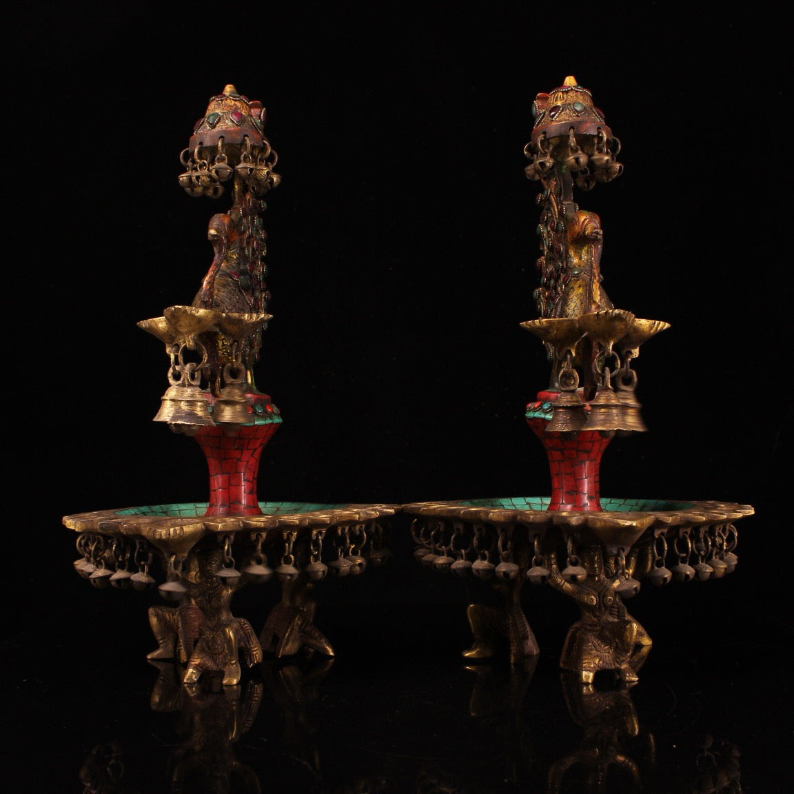 A pair of Chinese antique pure copper handcrafted inlaid gemstone painted phoenix oil lamp wax stands