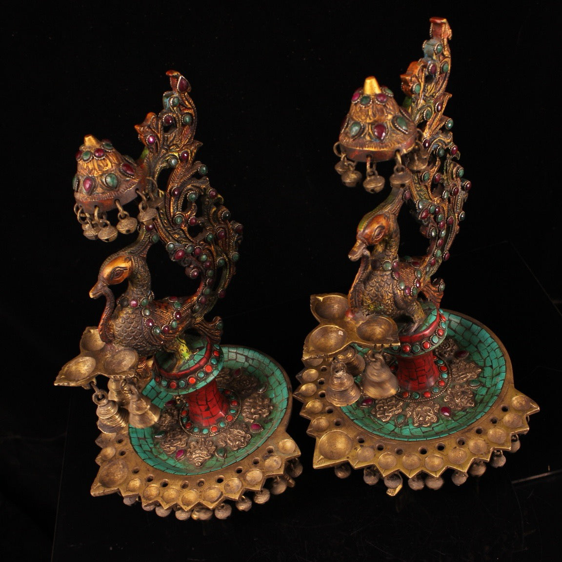 A pair of Chinese antique pure copper handcrafted inlaid gemstone painted phoenix oil lamp wax stands