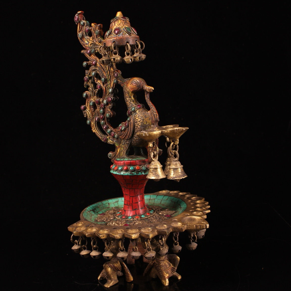 A pair of Chinese antique pure copper handcrafted inlaid gemstone painted phoenix oil lamp wax stands