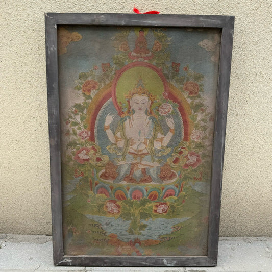 Wooden framed embroidered four armed Guanyin Buddha thangka