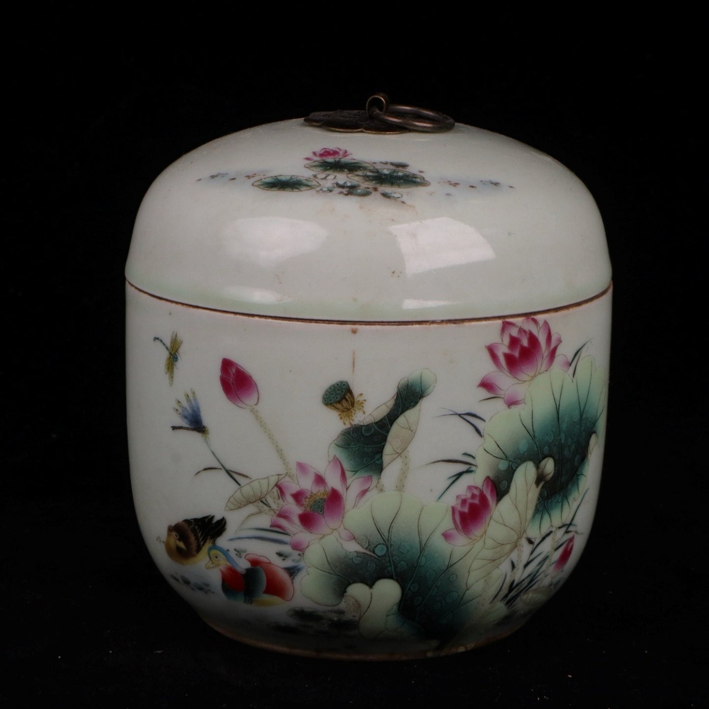 Pink Mandarin Duck Playing with Lotus Pattern Small Ginseng Jar