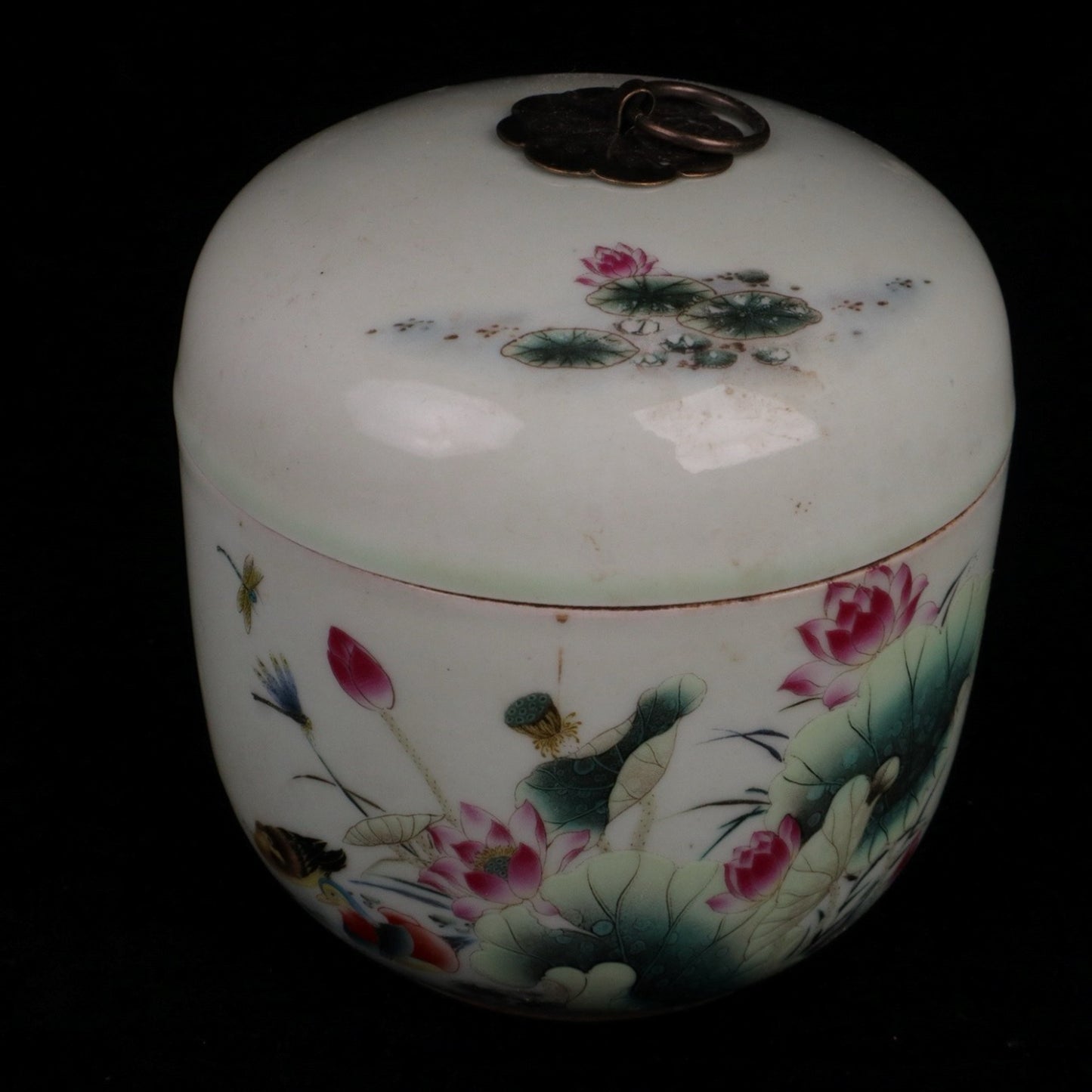 Pink Mandarin Duck Playing with Lotus Pattern Small Ginseng Jar