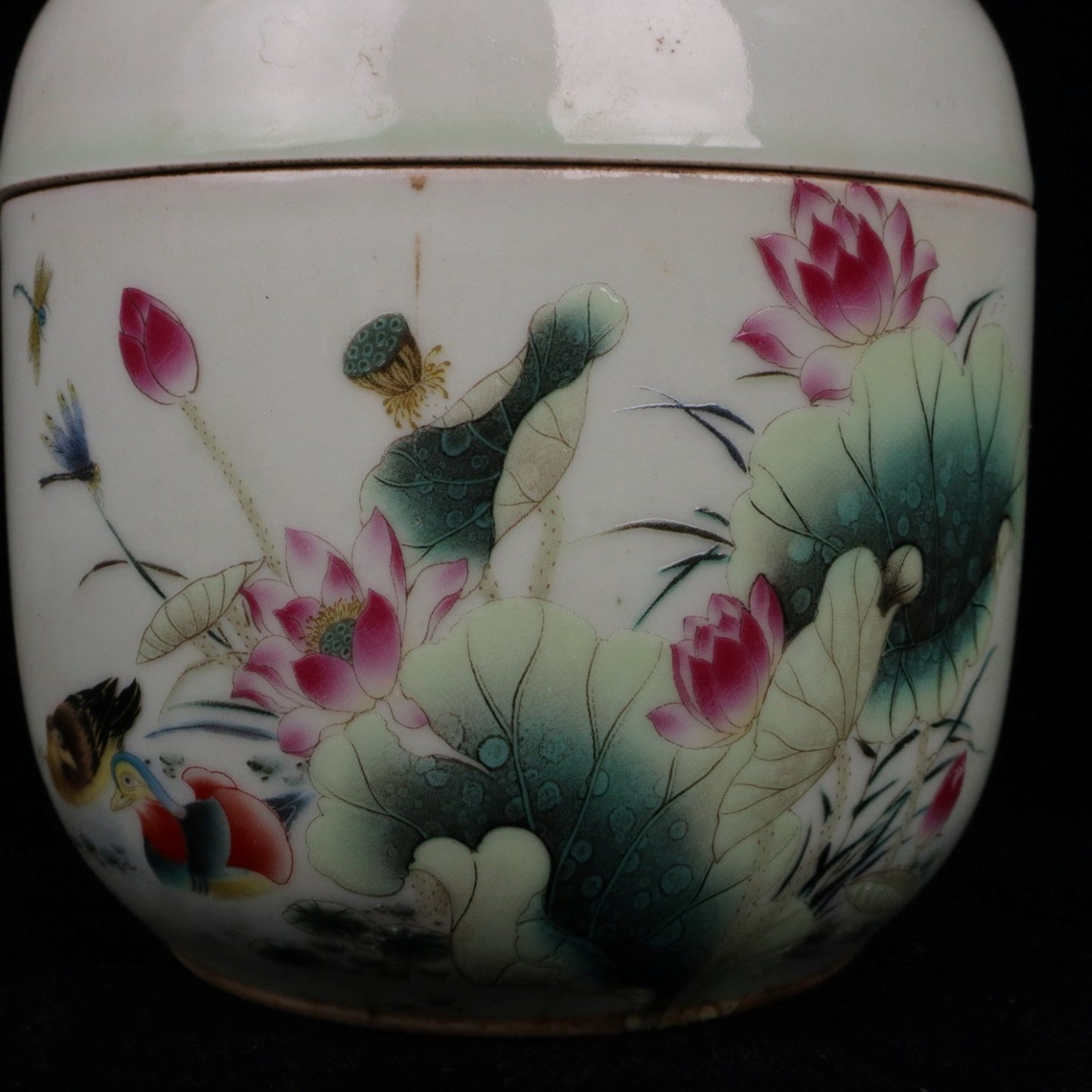 Pink Mandarin Duck Playing with Lotus Pattern Small Ginseng Jar