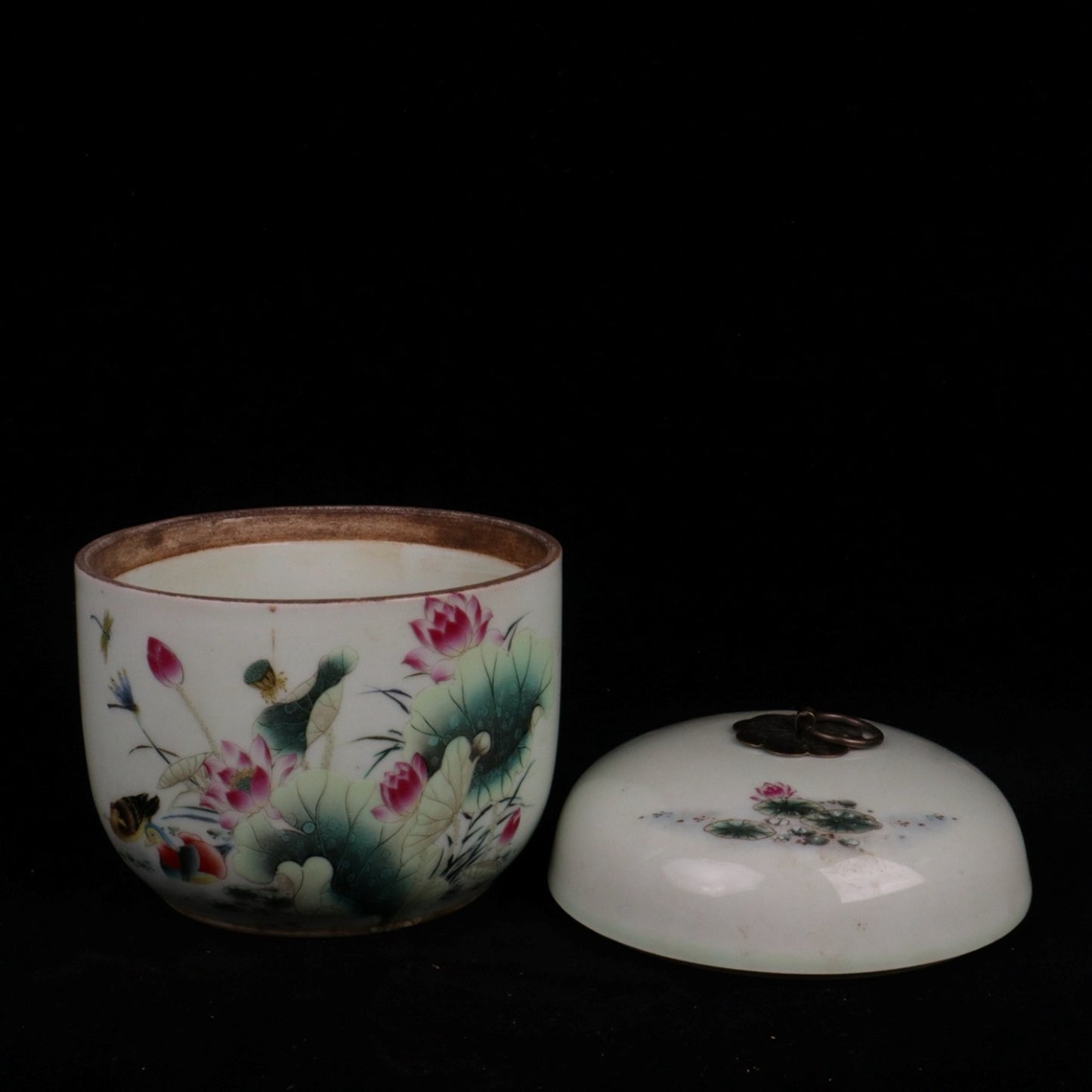 Pink Mandarin Duck Playing with Lotus Pattern Small Ginseng Jar