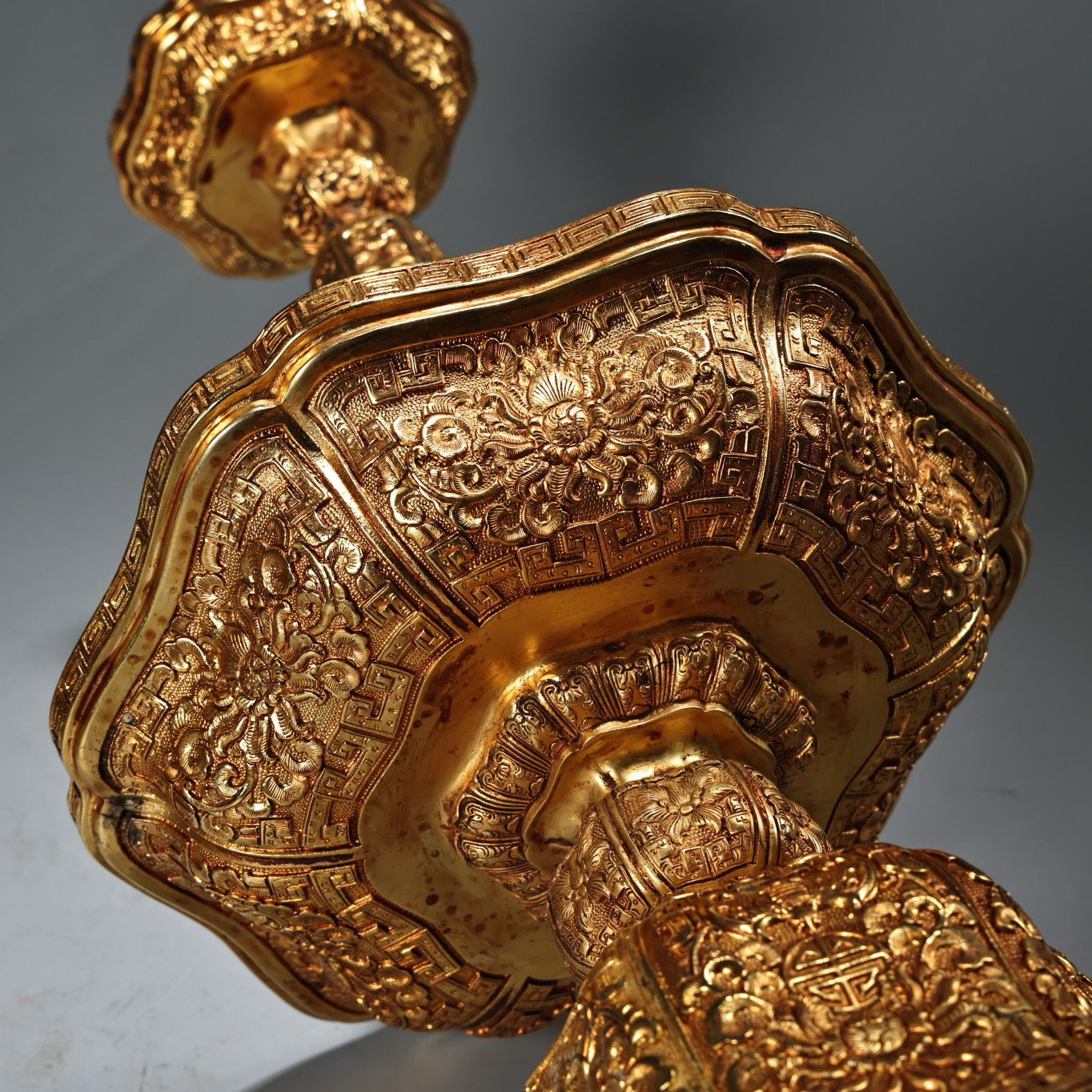 Chinese Antique Pure Copper Body High Relief Carving Flower Pulling Platform