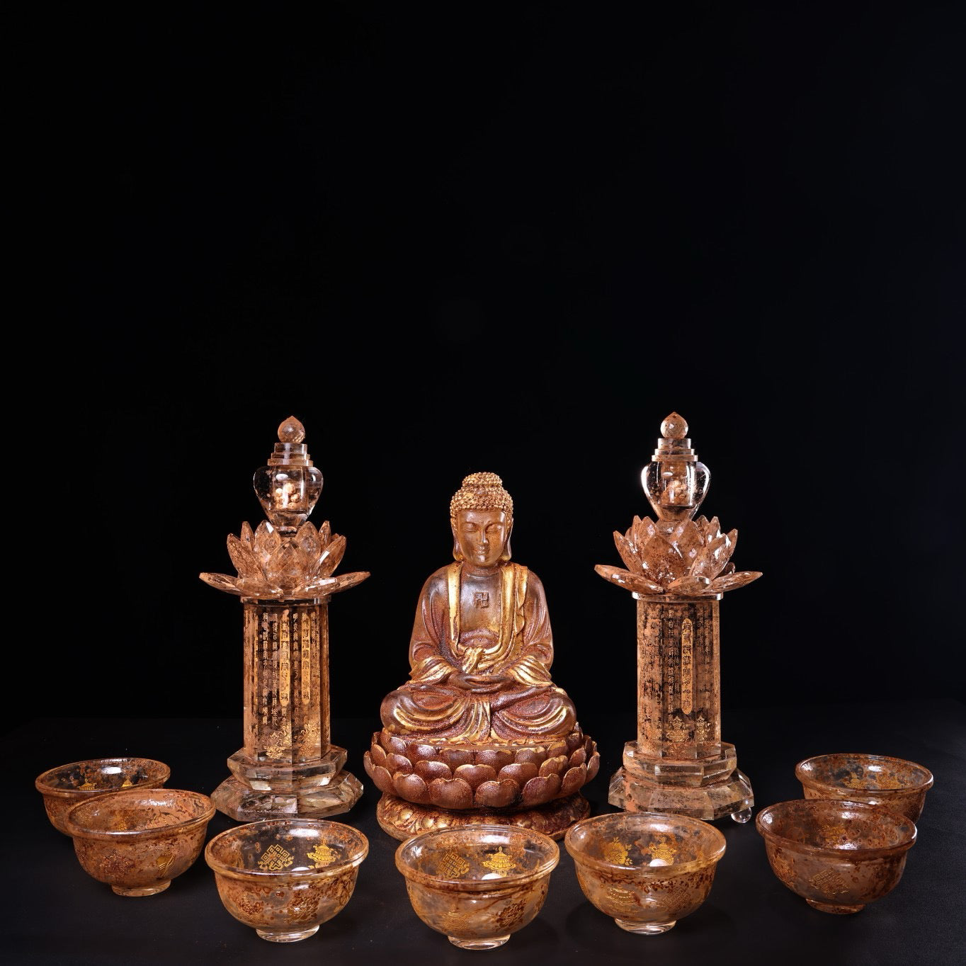Chinese antique crystal carvings depicting Shakyamuni Buddha in gold