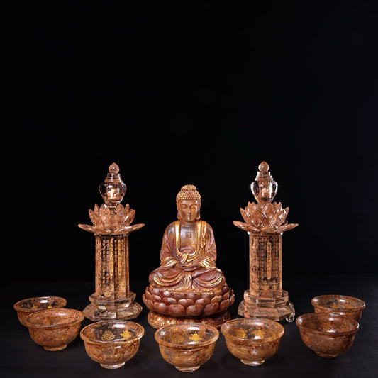 Chinese antique crystal carvings depicting Shakyamuni Buddha in gold