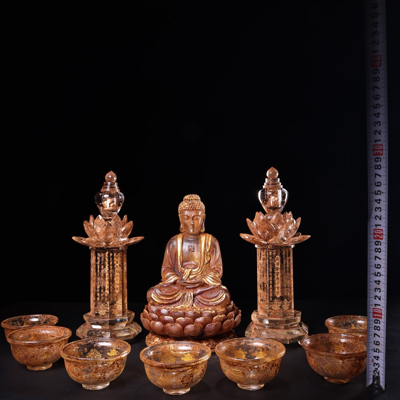 Chinese antique crystal carvings depicting Shakyamuni Buddha in gold