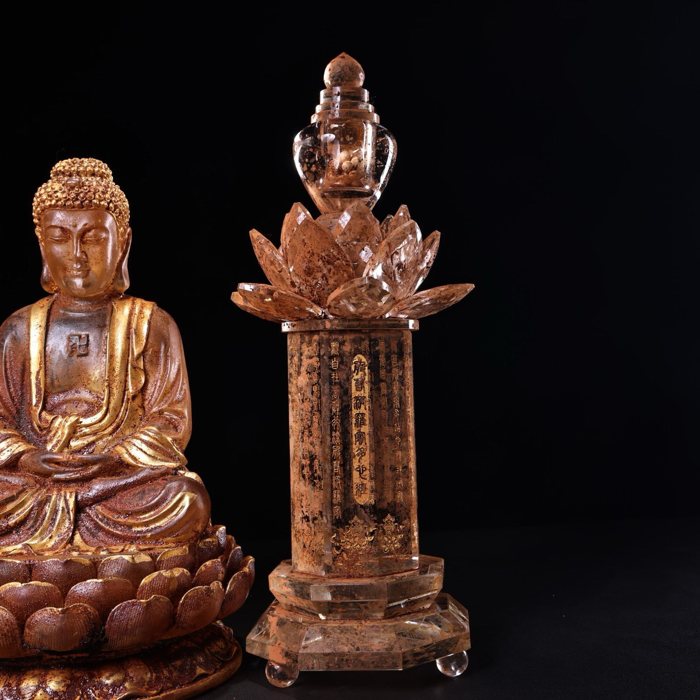 Chinese antique crystal carvings depicting Shakyamuni Buddha in gold