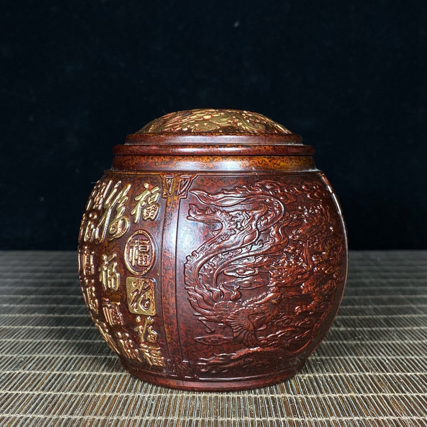 Purple copper gilded relief dragon and phoenix hundred blessings jar