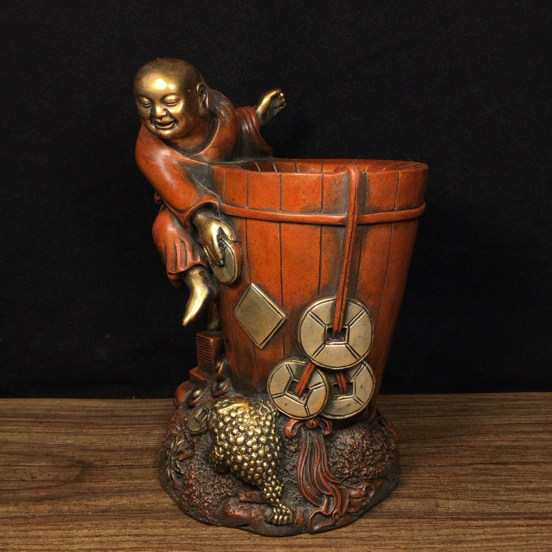 Chinese antique pure copper bangs and golden toad pen holder ornaments