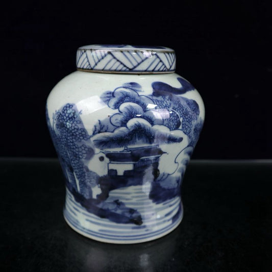 Blue and white landscape patterned covered jar