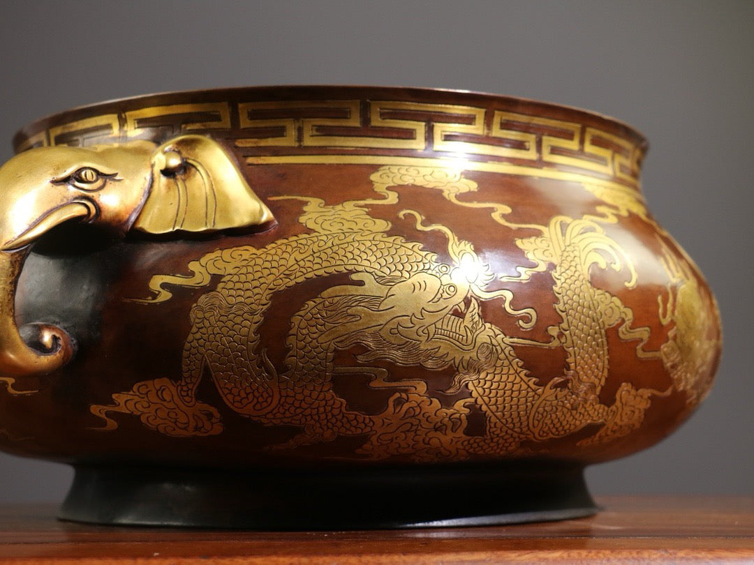 [Carving gluttonous patterns (double dragons playing with pearls), elephant trunk, double ears, large incense burner]