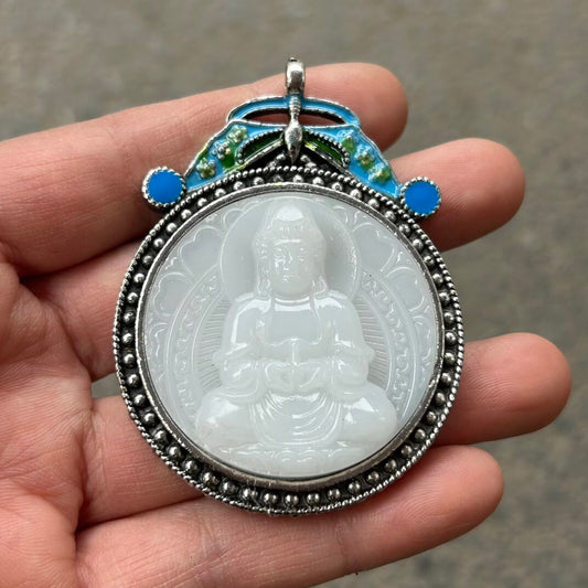 Chinese antique cloisonn é imitation jade Guanyin Buddha pendant hanging tag