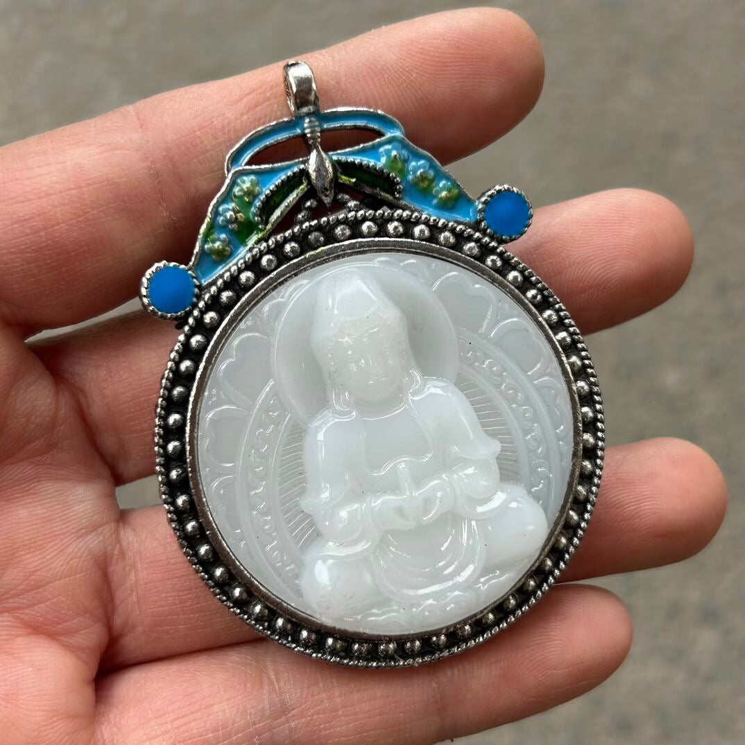 Chinese antique cloisonn é imitation jade Guanyin Buddha pendant hanging tag